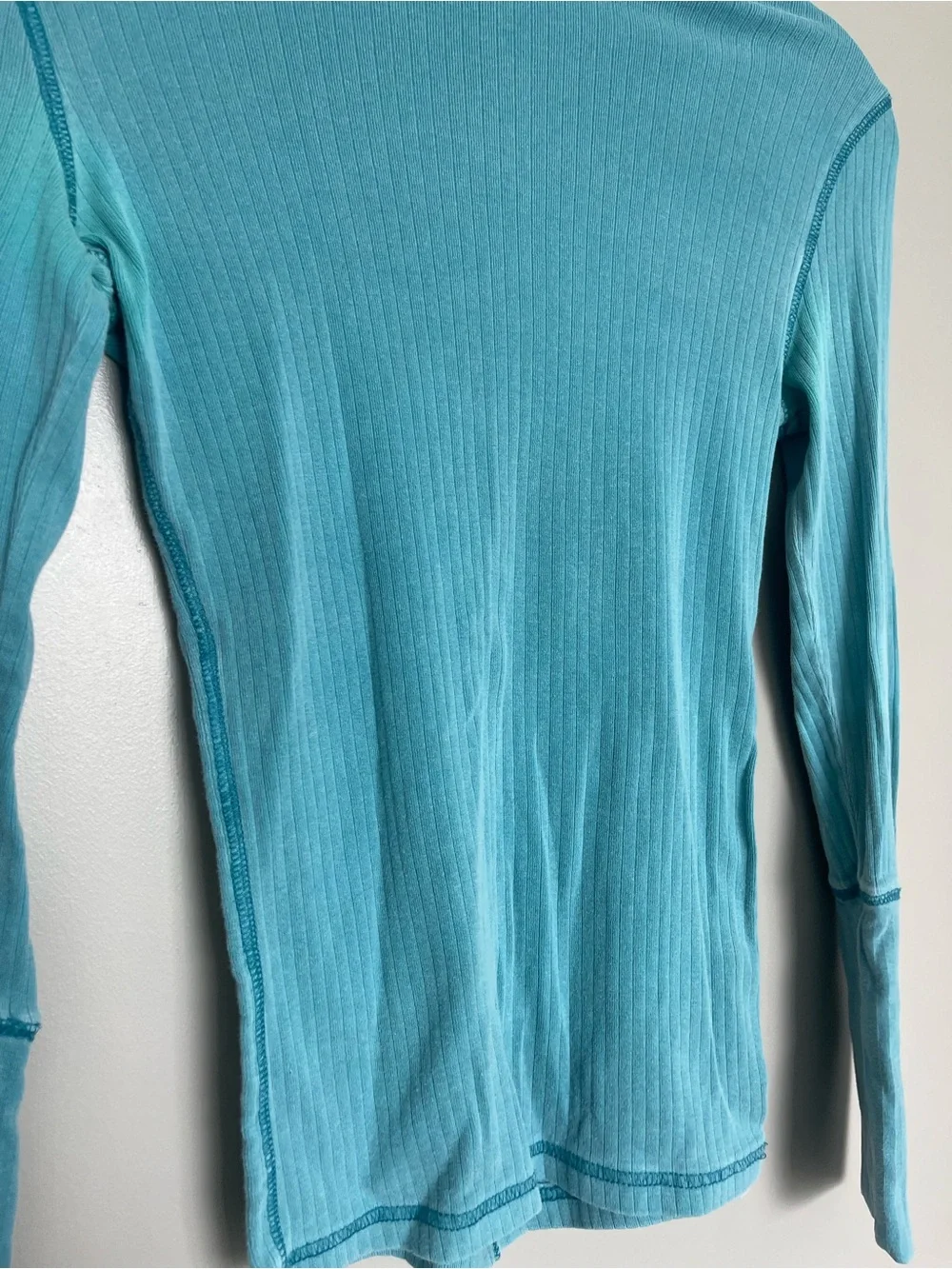 Free People Teal Ribbed Mock Neck Long Sleeve Top